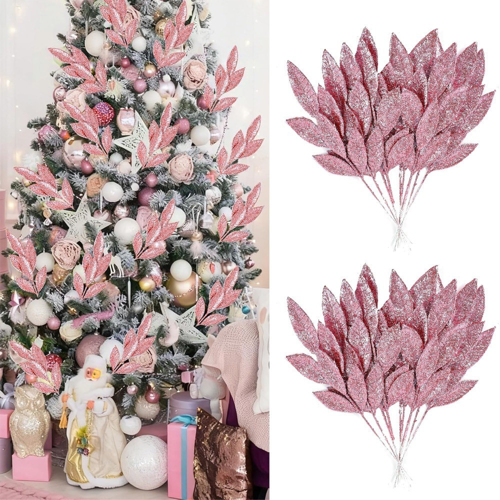Florist Supply Bulk - 3/12개 핑크 글리터 잎사귀 인조 줄기