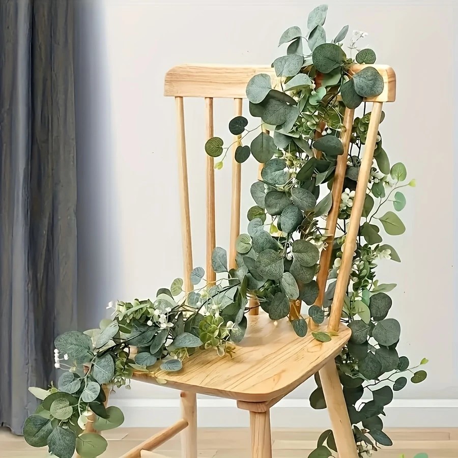 Eucalyptus Preserved - 1개입 인조 유칼립투스 잎, 흰색 꽃과